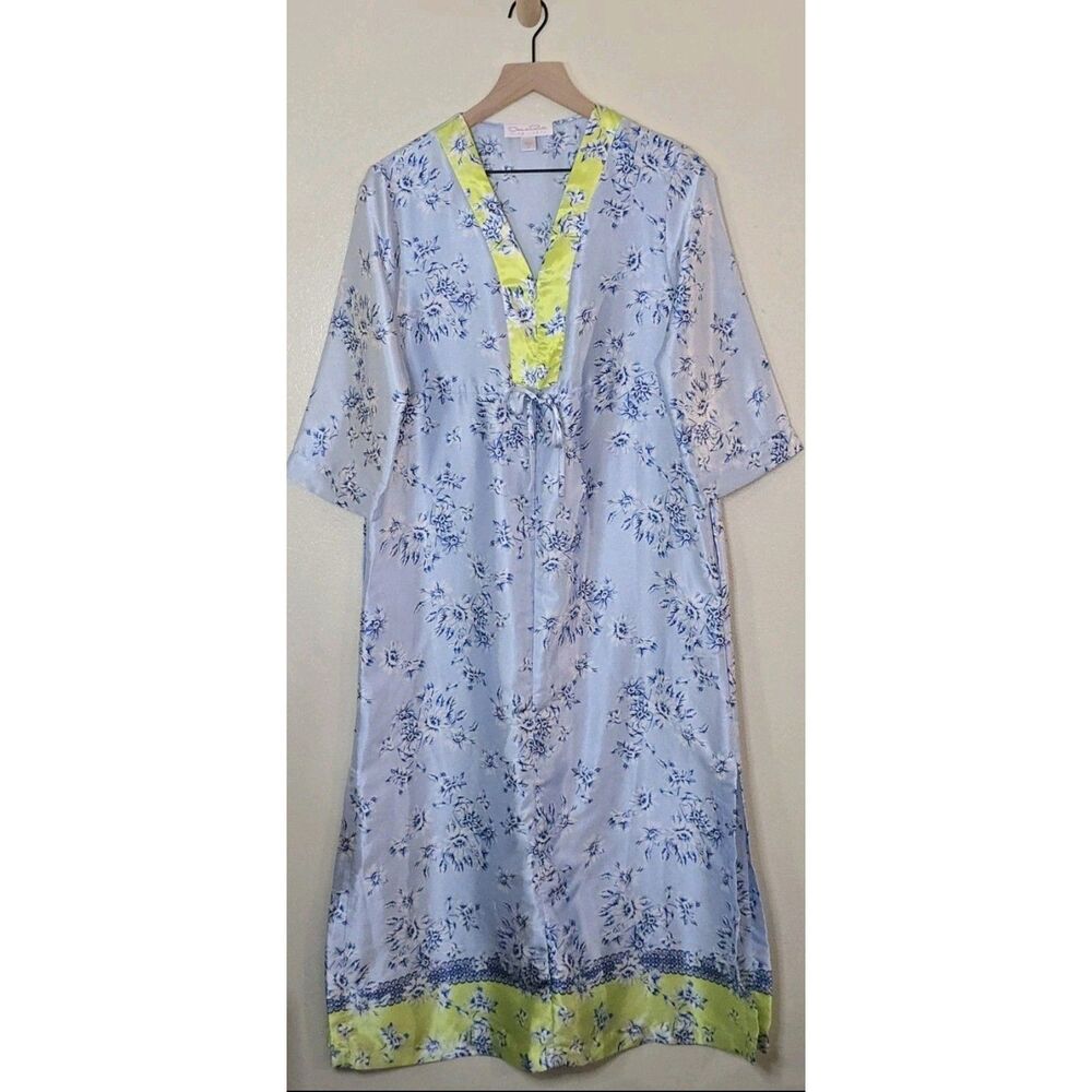 Oscar de la Renta Pink Label Floral Satin Caftan Nightgown Robe Blue Size Small